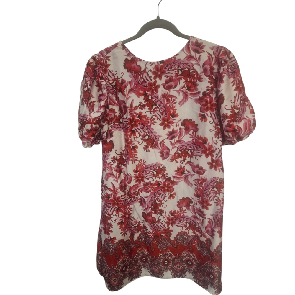 Maree Pour Toi Red Pink Floral Paisley Border Print Puff Sleeve Shift Dress 14